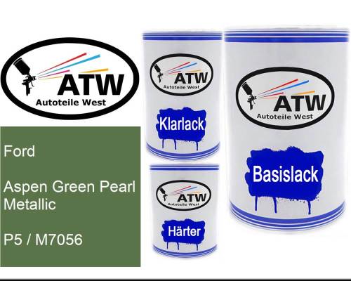 Ford, Aspen Green Pearl Metallic, P5 / M7056: 500ml Lackdose + 500ml Klarlack + 250ml Härter - Set, von ATW Autoteile West.